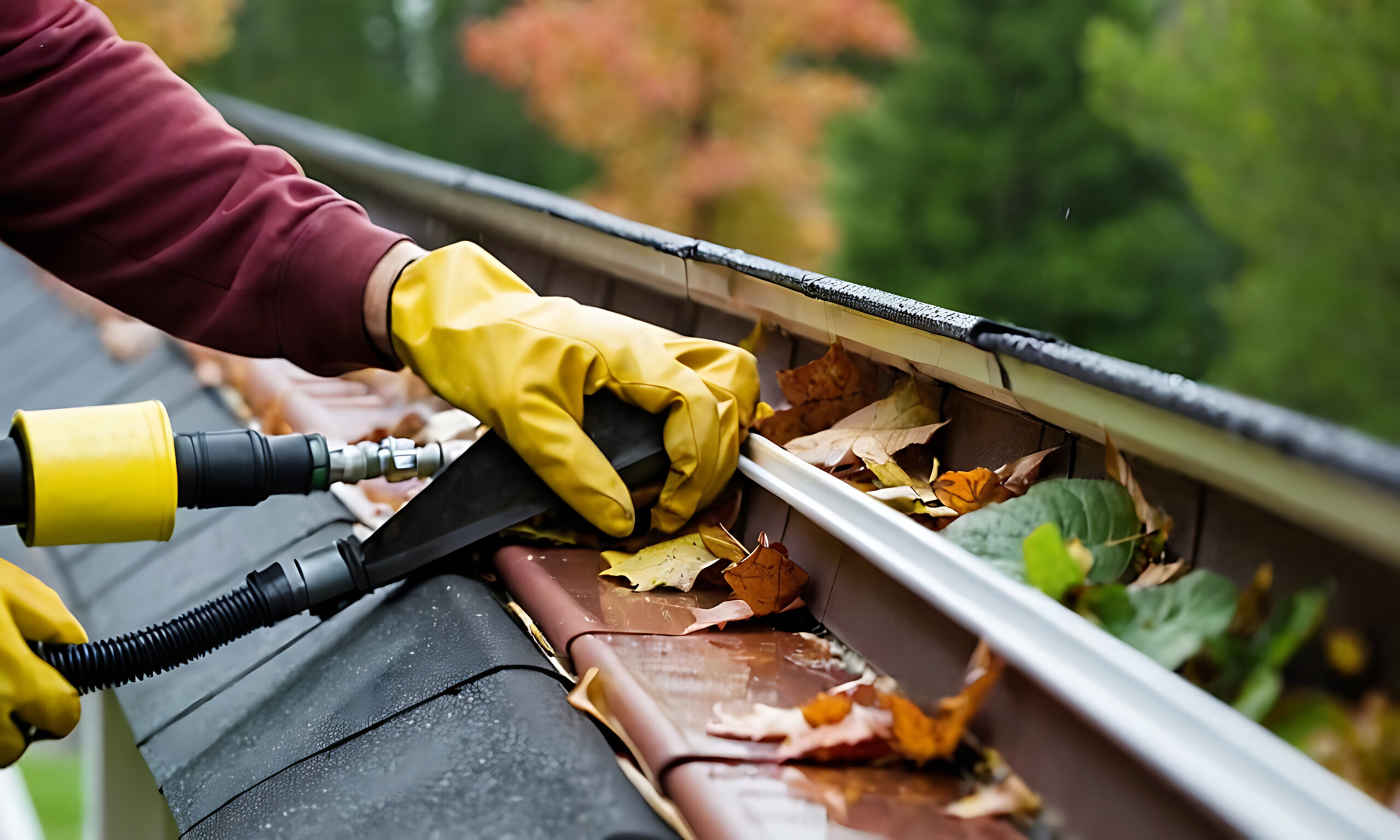 worker's hand meticulously cleaning a roof rain gutter