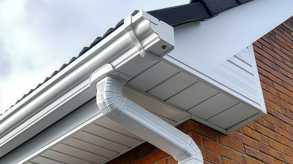 The white aluminum guttering is beautifully installed alongside a brick wall with a downpipe, showcasing a modern yet classic home exterior